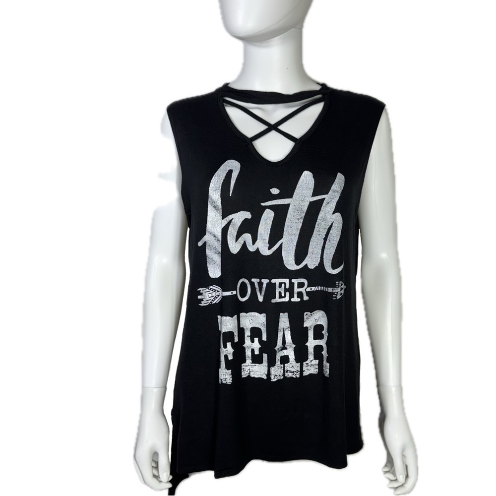 Zutter Faith Over Fear Black Distressed Muscle Tank Top